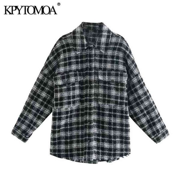 

women fashion with pockets oversized tweed jacket coat long sleeve frayed hem female outerwear chic overshirt 210420, Black;brown