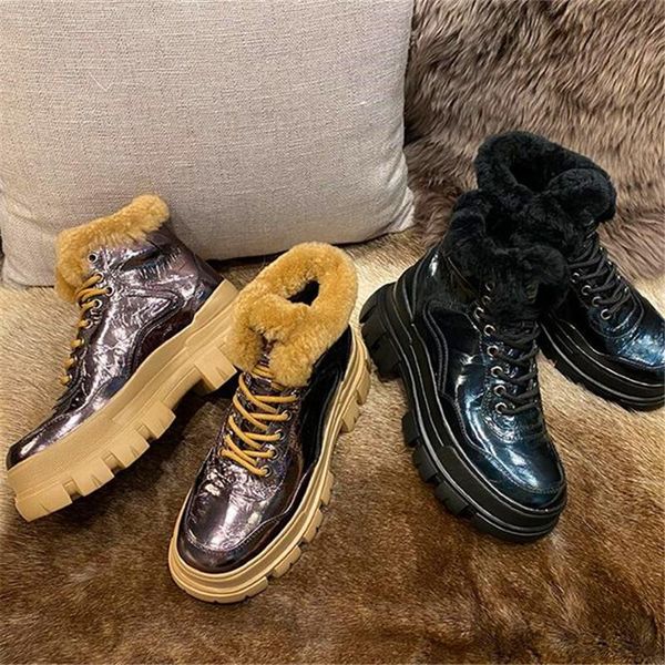 

boots winter women's snow plus fluffy wool increased thick-soled high-heel casual gun color black round-toed