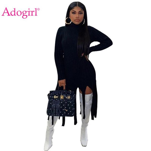

casual dresses adogirl women solid ribbed sweater tassel short dress s-4xl turtleneck long sleeve bodycon thick mini vestidos office robes, Black;gray