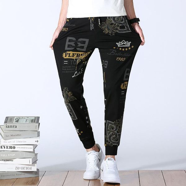

luren 2021 spring and summer casual pants men's mid-waist thin elastic waist trendy cow toy printed ankle-tied trousers ins, Black