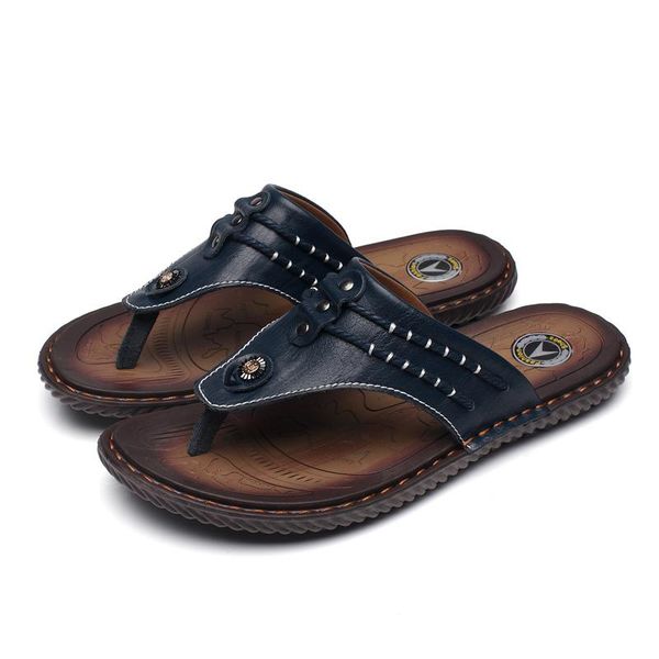 

slippers 2021 fashion man non-slip genuine leather outside summer flip flops beach manual suture men shoes zapatos hombre, Black