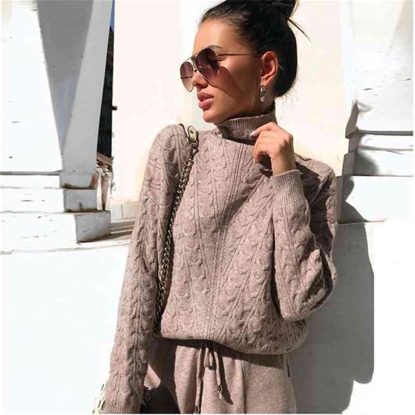 

turtleneck pullover sweatshirts knit pants suit two piece sets women autumn winter warm knitted tracksuit sporting suit female 210727, White