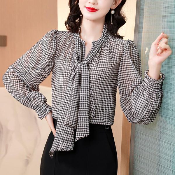 

women's blouses & shirts chikichi 2021 spring and autumn houndstooth bow chiffon office lady lace blouse women ages 18-35 years old, White