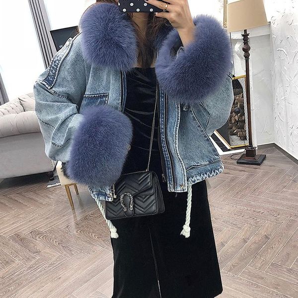 

women's fur & faux rf2084b winter real coat with cuffs and collar rex lining denim jacket natural jeans, Black