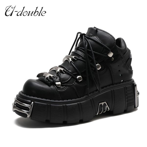 U-DOUBLE Marke Punk Stil Frauen Schuhe Lace-up ferse höhe 6 cm Plattform Frau Gothic Stiefeletten Metall Dekor turnschuhe 211105