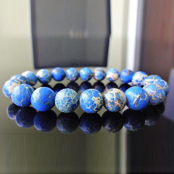 MG1118 alta qualidade 10 mm azul sedimento jasper jasper pulseira para homens melhor presente de aniversário para menino