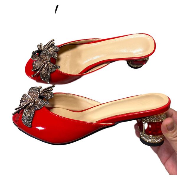 

sandals summer diamond high heel slippers woman patent leather metal flower rhinestone decor peep toe bridal wedding shoes 6tr9, Black