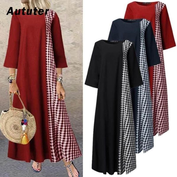 

casual dresses vintage loose dress women's maxi sundress 2021 3/4 sleeve summer vestidos female o neck plaid robe plus size 5xl#a3, Black;gray
