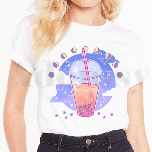 

women's t-shirt bubble milk tea boba cute cartoon printed short sleeve female tees harajuku vogue vintage, White
