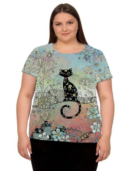 

plus size t-shirt 5xl 6xl 2021 summer shirt 3d cute cat print t women short sleeve round neck casual streetwear clothing, Black
