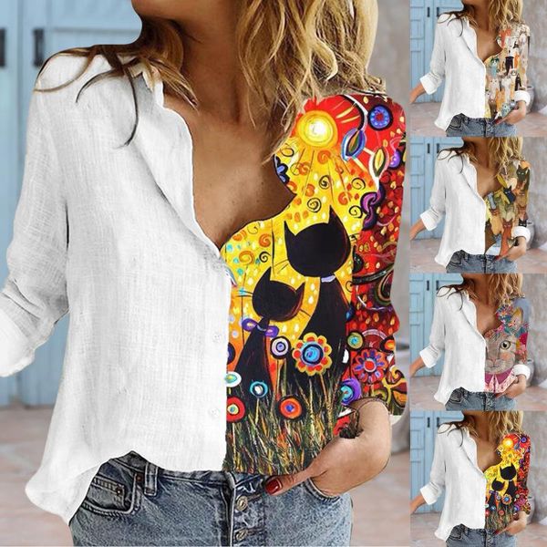 

women's t-shirt cartoon t-shirts 2021 summer cat printed long sleeve corset turn-down collarpatchwork camisas, White