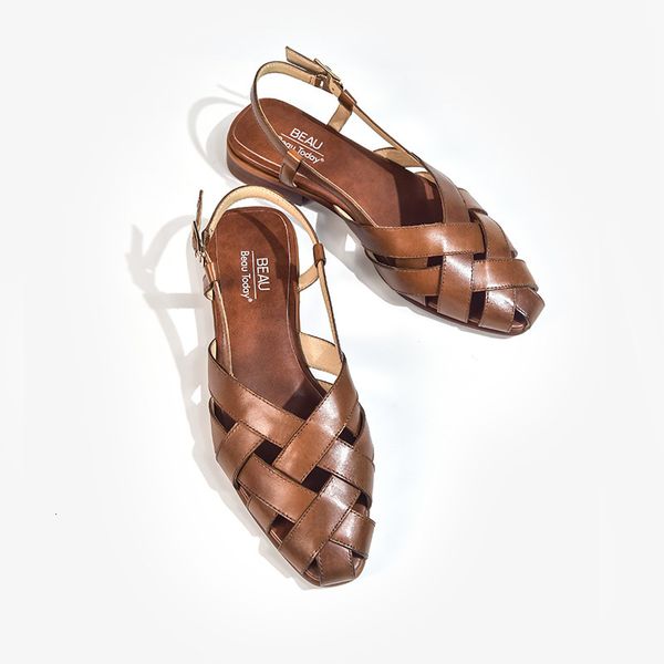 

sandals gladiator sandals women calf leather cross band slingback flats cover toe summer hollow ladies shoes 33036, Black
