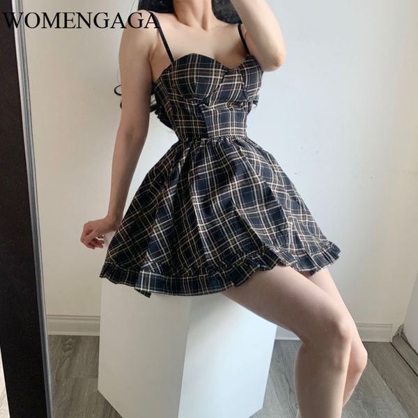 

2021 summer new womens wear european retro check sling puffy dress sleeveless plaid vintage womens dresses girl female e194, Black;gray