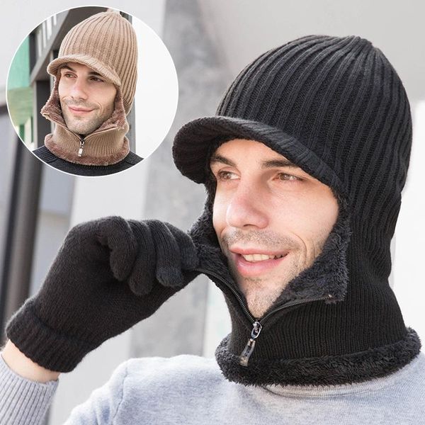 

beanies men winter knitted hat with zipper add fur lined warm brim hats keep face ear hiking outdoor balaclava cap
