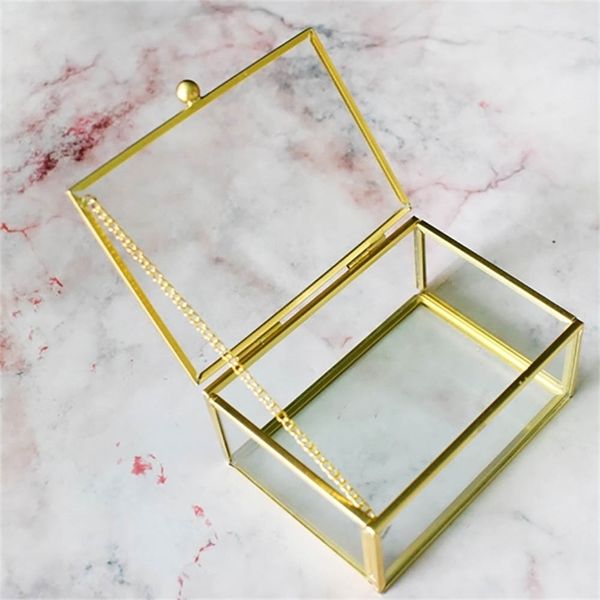 Schmuck-Ring-Box mit offenem Deckel, Glas, rechteckig, transparent, kleine Aufbewahrung mit goldenem Rand und 210922