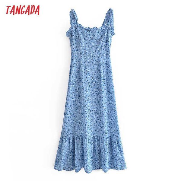 

tangada fashion blue flowers print strap dresses for women back zipper female casual long dress 3w114 210609, Black;gray