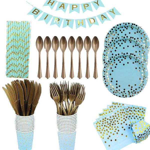 

disposable dinnerware bronzing black dots tableware thickened paper cup plate gold knife fork spoon towel school party decoration set