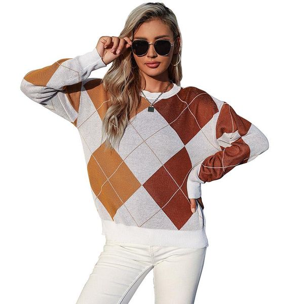 

women's sweaters women fashion loose knitted sweater vintage o- neck long sleeve female pullovers diamond check stylish chic, White;black