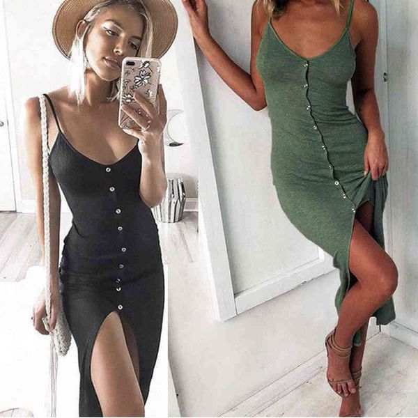 

newly summer fashion dress women ladies sleeveless v-neck skinny solid button high waist ankle-length dress 210412, Black;gray