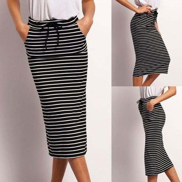 

skirts womens fashion hight waist stripe pocket skirt summer elastic, Black