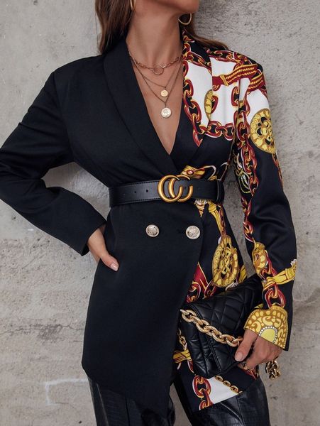 

chain print colorblock blazer without belt n0ag#, White;black
