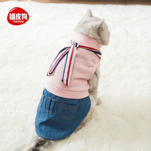 

cat clothes roupa para gato vetement chat ubranie dla kota blue jean jacket dress two-legged clothing thin sweater skirt 2021 costumes
