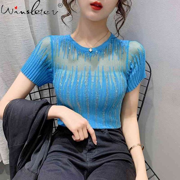 

women's t-shirt summer korean style knit t-shirt diamonds transparent women short sleeve bottoming shirt elastic tees t1, White
