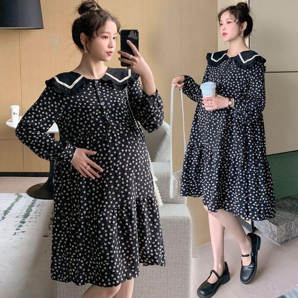 

maternity dresses 7421# clothes spring autumn long sleeves button open chiffon midi dress loose fashion pregnant women mom, White