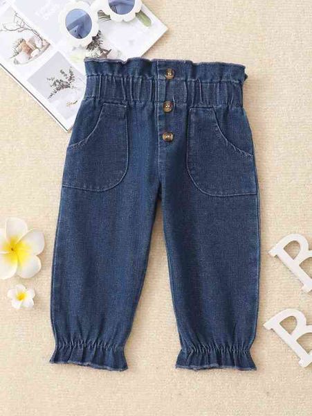 

baby paperbag waist ruffle hem jeans she, Blue