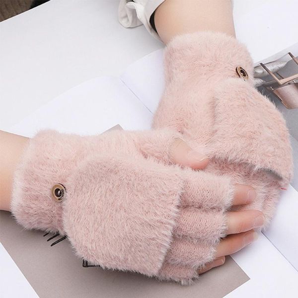 

five fingers gloves mink fingerless flip mittens winter warm wool touchscreen flap cover men knit mitten women half finger, Blue;gray