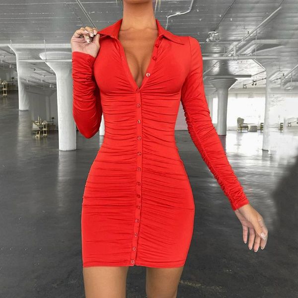 

casual dresses women's long sleeve bodycon mini dress office lady solid color button down wrap ruched shirt for autumn spring, Black;gray