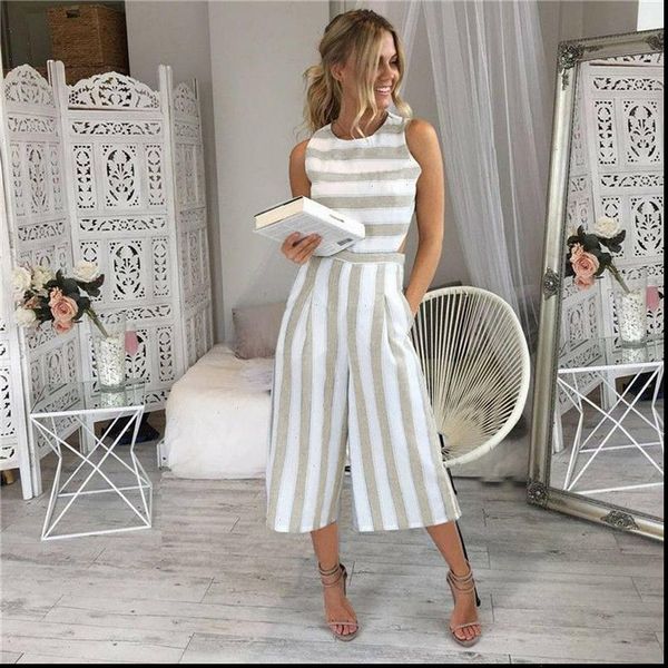 

sleeveless striped casual office long women jumpsuit wide leg pants outfits overalls hollow out waist one piece clothes, Black;white