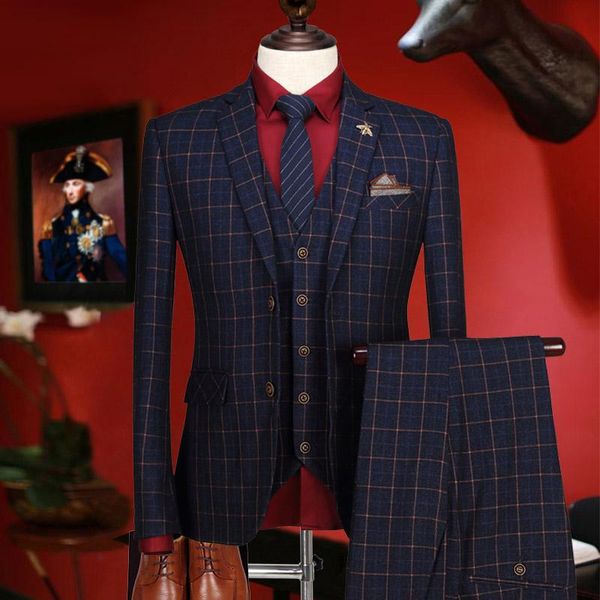 

suit men winter thicken deep blue plaid slim fit wedding suits for business man groom blazer mens with pants men's & blazers, White;black