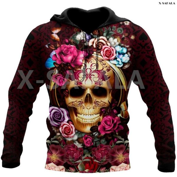 

men's hoodies & sweatshirts floral skulls rose flower tattoo pattern 3d over printed hoodie man women outwear zipper pullover sweatsh, Black
