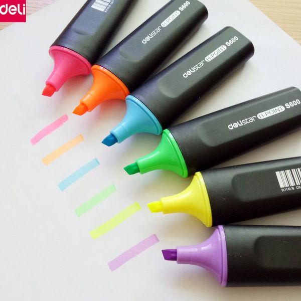 

highlighters deli stationery writing supplies 6pcs/pack fluorescent highlighter pen marker school office supplies(6 colors), Black;red