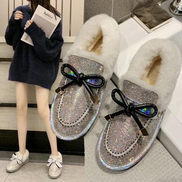 

boots 2021 winter snow with rhinestone bowknot flat-bottomed fashion footwear women plush shoes, Black