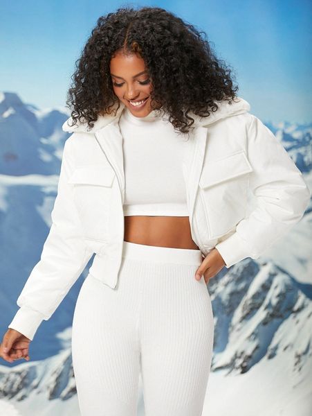 

newness borg collar flap pocket drop shoulder puffer coat k6qi#, Black