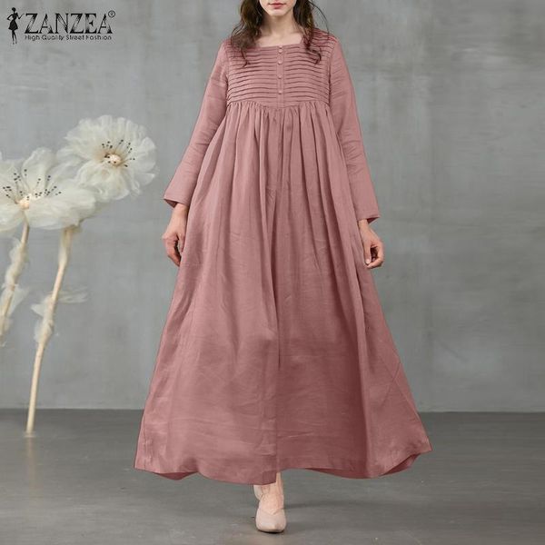 

casual dresses zanzea 2021 long sleeve maxi vestidos 5xl elegant pleated shirt women's pleated sun female sqaure neck robe plus, Black;gray