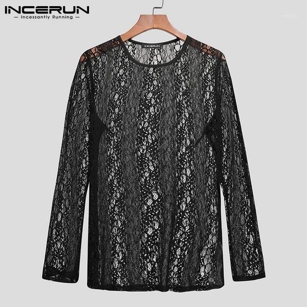 

men's t-shirts men mesh t shirt see through lace o neck long sleeve tee fitness streetwear party nightclub camisetas incerun s-5xl, White;black