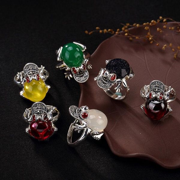 

cluster rings sterling silver lucky gold frog colored gemstone women's inlaid tide fashionable charm opening adjustable ring, Golden;silver
