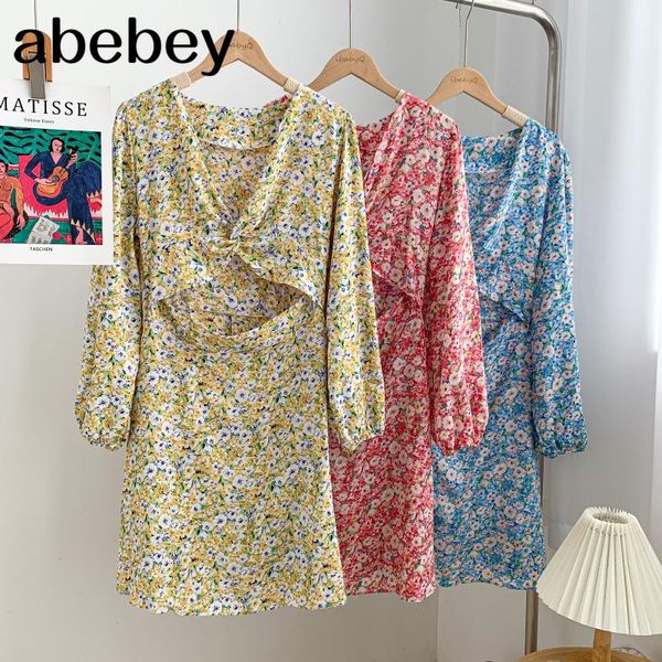 

casual dresses korean v-neck long sleeve dress cross knotted hollow out off waist floral print short a-line 2021 autumn winter, Black;gray