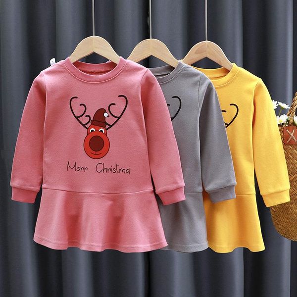 

girl's dresses spring autumn girls dress 0-5 years baby long sleeve base clothes cartoon deer christmas, Red;yellow