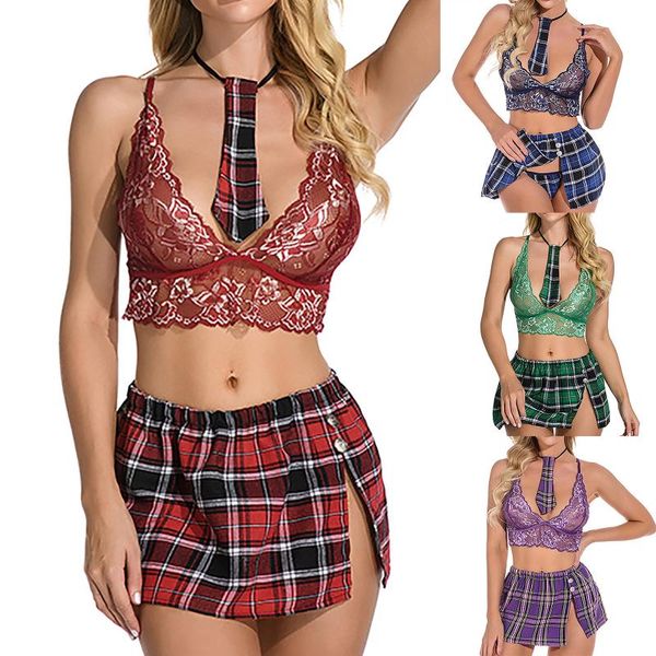 

bras sets women lingerie cosplay student lattice tie deep v-bra split plaid mini skirt uniform soft nightwear erotic underwear, Red;black