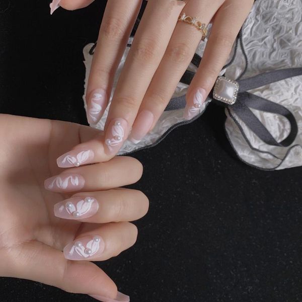 

24pcs pink detachable false nails ballerina wearable pearl fake coffin full cover nail tips manicure art accessories1, Red;gold