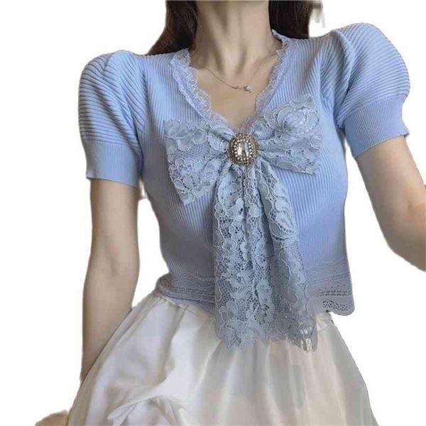 

v-neck bow lace knit sweater slim-fit with puff sleeve women summer korean fashion women's clothing 210520, White;black