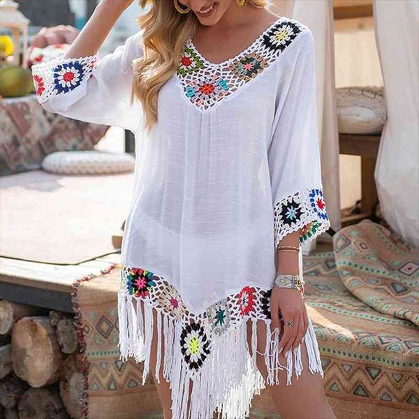 

white bikini cover up with tassel women hollow tunic beach dress summer bathing suit beachwear floral hollow swimsuit, White;black