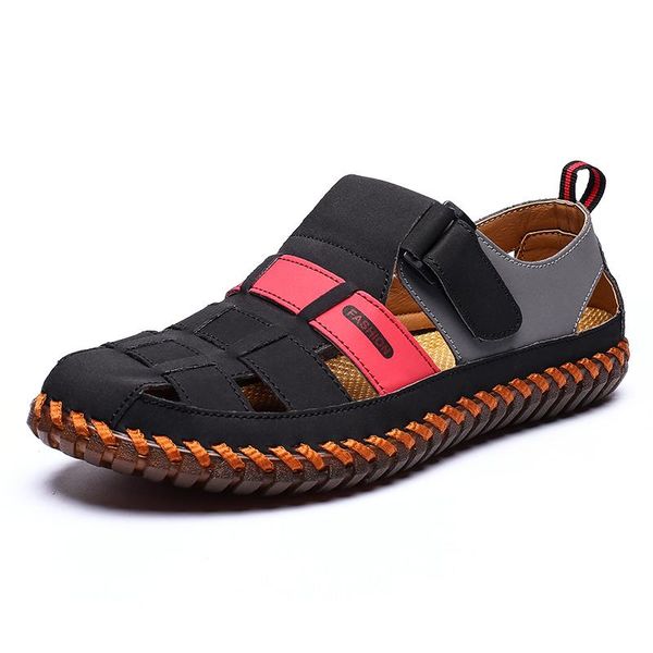 

sandals summer big size men genuine leather sandalias hombre roman rubber shoes male breathable beach waterproof, Black