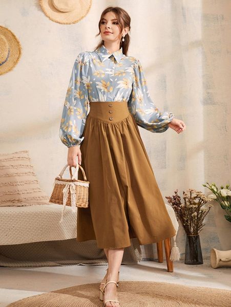 

leaf print lantern sleeve button front blouse & circle skirt n9fe#, White