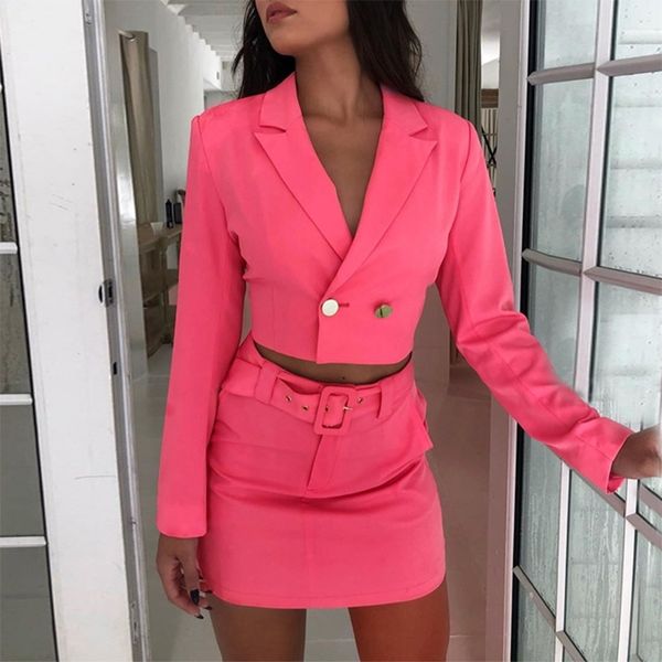 

2 pieces blazer and mini skirts with waist belt long sleeves slim buttons office ladies fashion autumn set female suits 210416, White