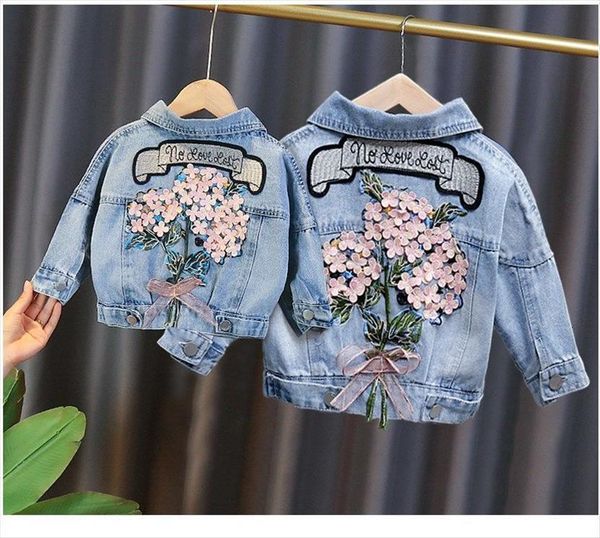 

spring autumn kids denim jackets for girls baby flower embroidery coats fashion children outwear ripped jeans 1 5y, Blue;gray